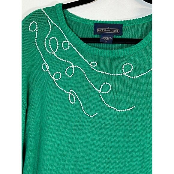 Herman Geist Sweater Women L Green Polka Dot Beaded Sheep Novelty Neutral Retro - Picture 3 of 11